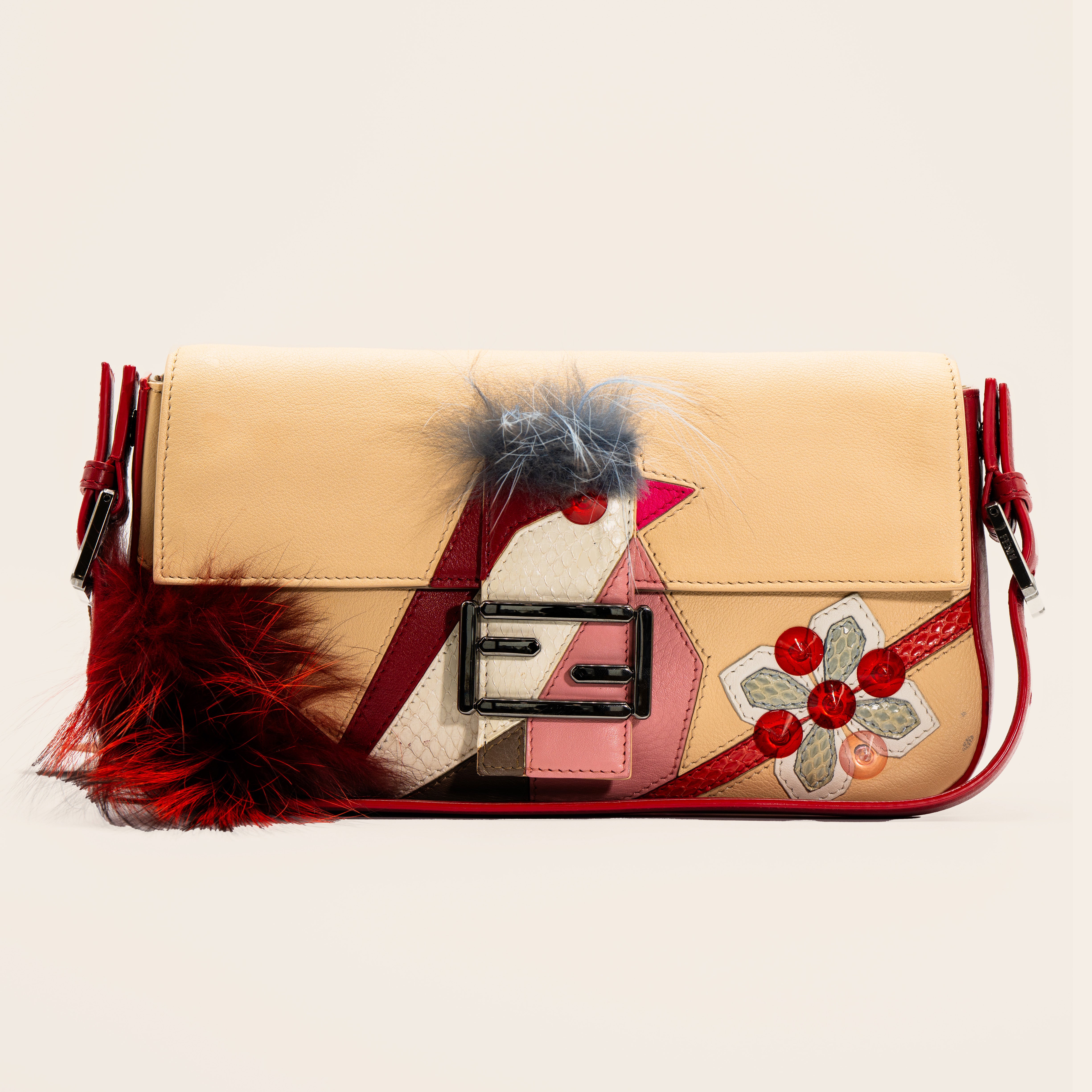 Fendi Fox Fur and Python Trimmed Patchwork Baguette