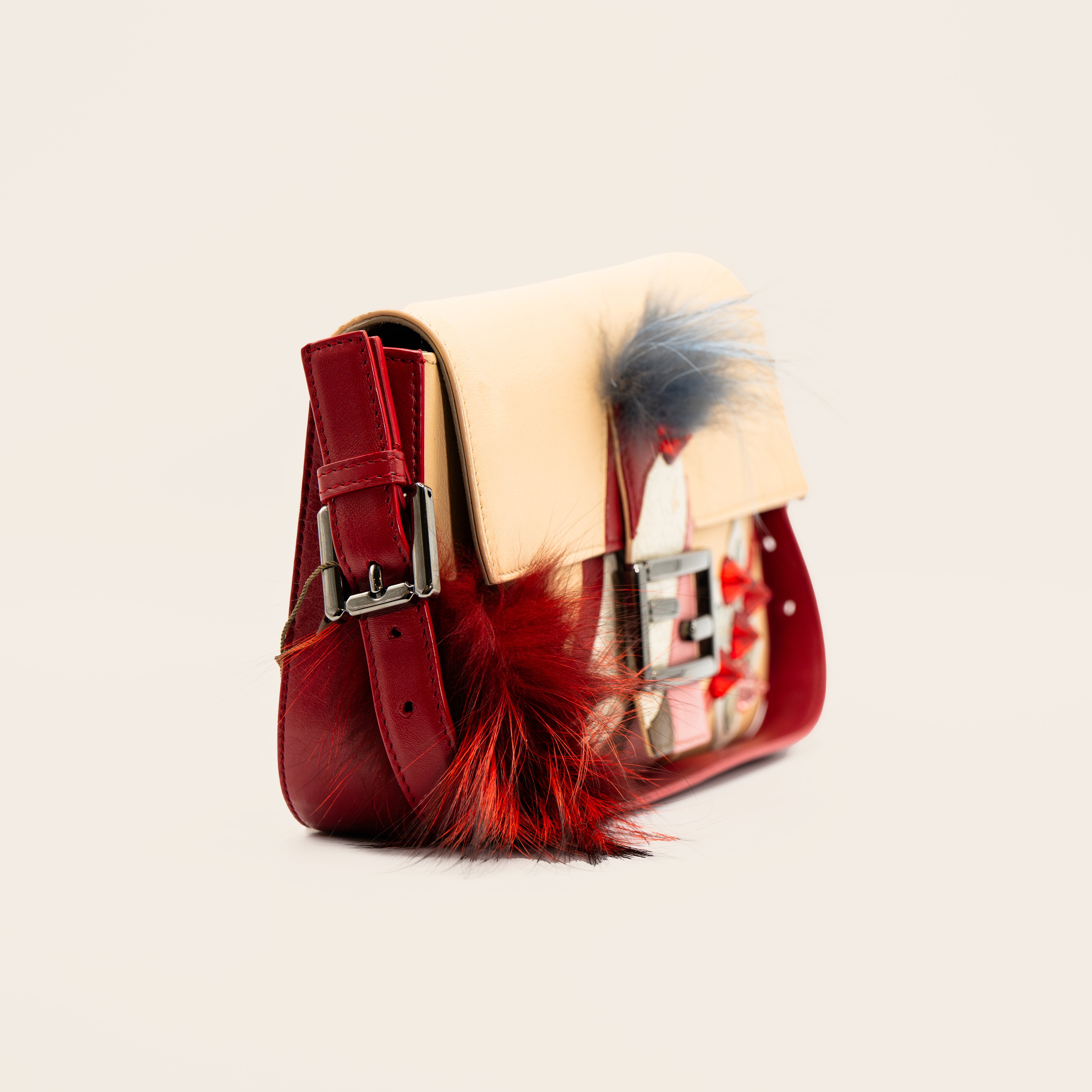 Fendi Fox Fur and Python Trimmed Patchwork Baguette